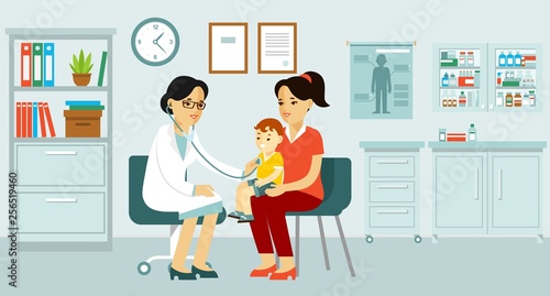 Pediatrician doctor concept. Young woman practitioner and happy family with mother and kid in flat style. Doctor doing medical examination of child with stethoscope. Consultation, medical diagnosis