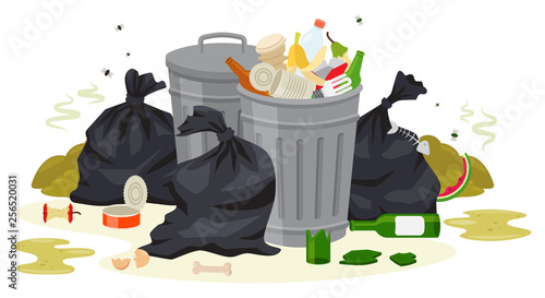 Vector illustration: Metal garbage containers with unsorted trash . Rubbish and trash bags lying around dump. Scene with pile of waste that smells ugly and started to decompose. Isolated on white. 