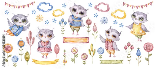 Panel kuchenny z motywem Watercolour cute owls. Watercolor cute animals birds and ethnic flowers. Cartoon characters clip art. Design for any purposes.