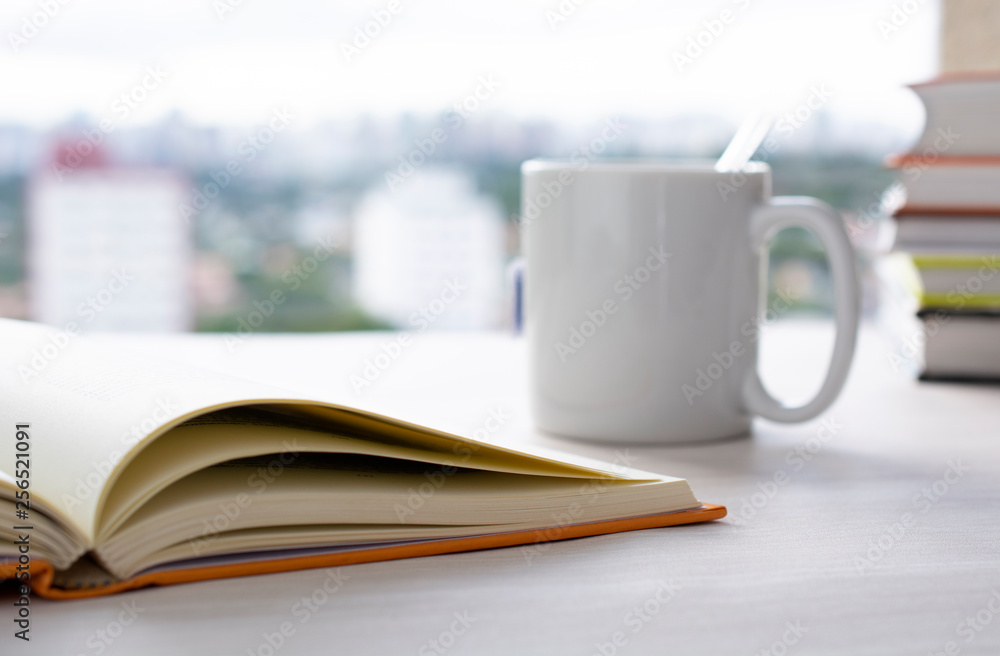 Fototapeta premium Open book and tea cup in front of a window