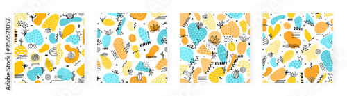 Set of vector seamless patterns with hand drawn abstract shapes. Spotted and textured figures. Unique design. Creative background. Freehand style. Wallpaper, textile, wrapping, print on clothes