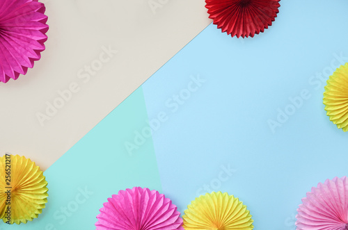 Color background with different circle paper of origami Birthday or party greeting card with copy space.