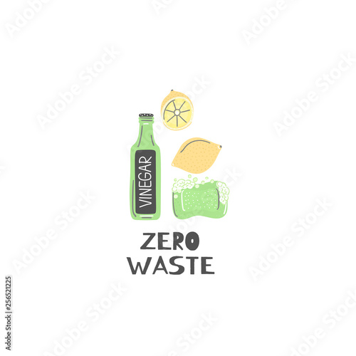 Vinegar, lemon, natural soap. Organic cleaner. Eco friendly. Zero waste lifestyle. Save planet. Care of nature. Vegan. No plastic. Go green. Refuse, reduce, reuse, recycle, rot. Vector illustration