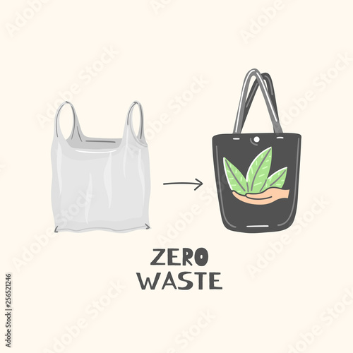 Cloth bag instead of plastic. Zero waste lifestyle. Eco friendly. Save planet. Care of nature. Vegan. Go green. Refuse, reduce, reuse, recycle, rot. Wasteless technology. Vector illustration, eps10