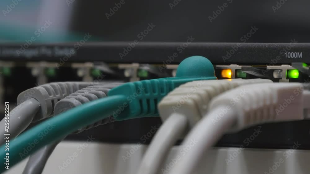 Male Hand Inserts The Green Data Cable Into The Gigabit Network Switch. Male Hand Inserts The Green Data Cable Into The Gigabit Network Switch.