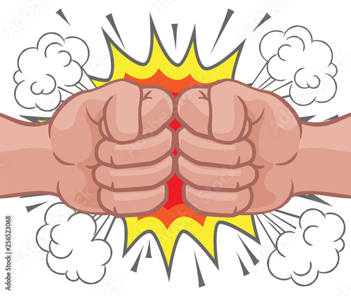 Two cartoon fists hands performing a fist bump punch creating an explosion
