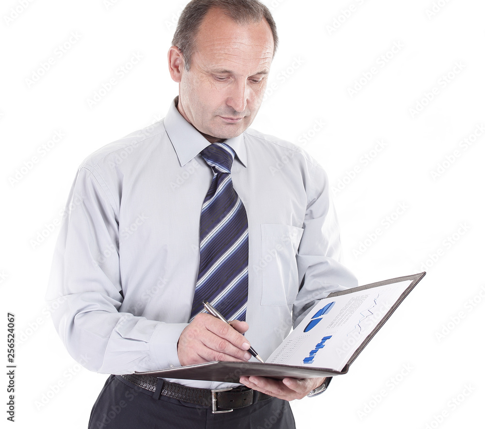 confident businessman with a leather folder .isolated on white confident businessman with a leather folder .isolated on white