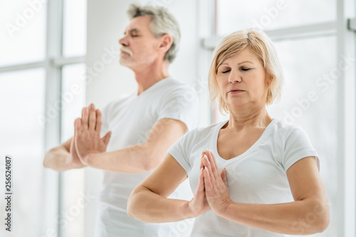 In the training.Concentration and calm. Senior couple practicing yoga exercise.