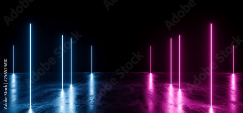 Neon Futuristic Background Cyber Retro Purple Pink Blue Ultraviolet Vibrant Glowing Vertical Shaped Fluorescent Luminous Elegant Alien Dance Stage Gallery Lights 3D Rendering © IM_VISUALS
