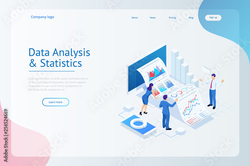 Isometric Expert team for Data Analysis, Business Statistic, Management, Consulting, Marketing. Landing page template concept.