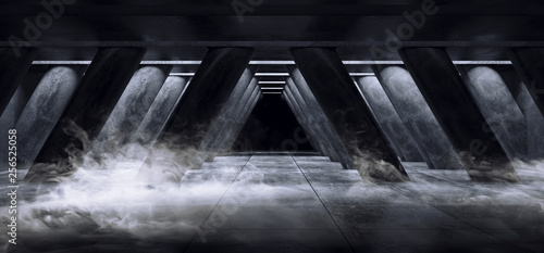 Smoke Fog Dark Empty Garage Hall Underground Cement Grunge Concrete Columns Triangle Shaped Sci Fi Modern Elegant Style Hall Tunnel Corridor 3D Rendering