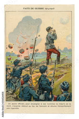 French historical advertising chromolithographic postcard: An officer despite the shelling by the enemy lights a cigarette, standing full-length on the parapet, world war one 1914-1918. France