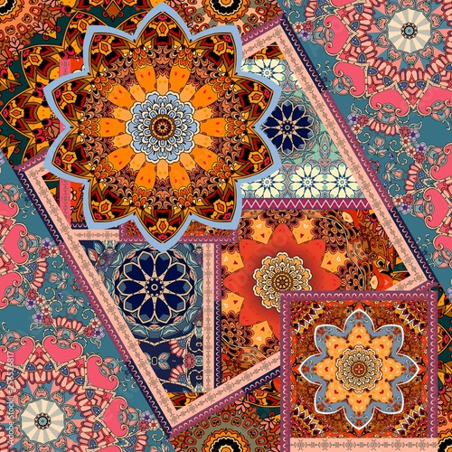 Shawl  square carpet or print for fabric in ethnic style with mandala  flowers and decorative frames. Indian  ottoman  mexican motives.
