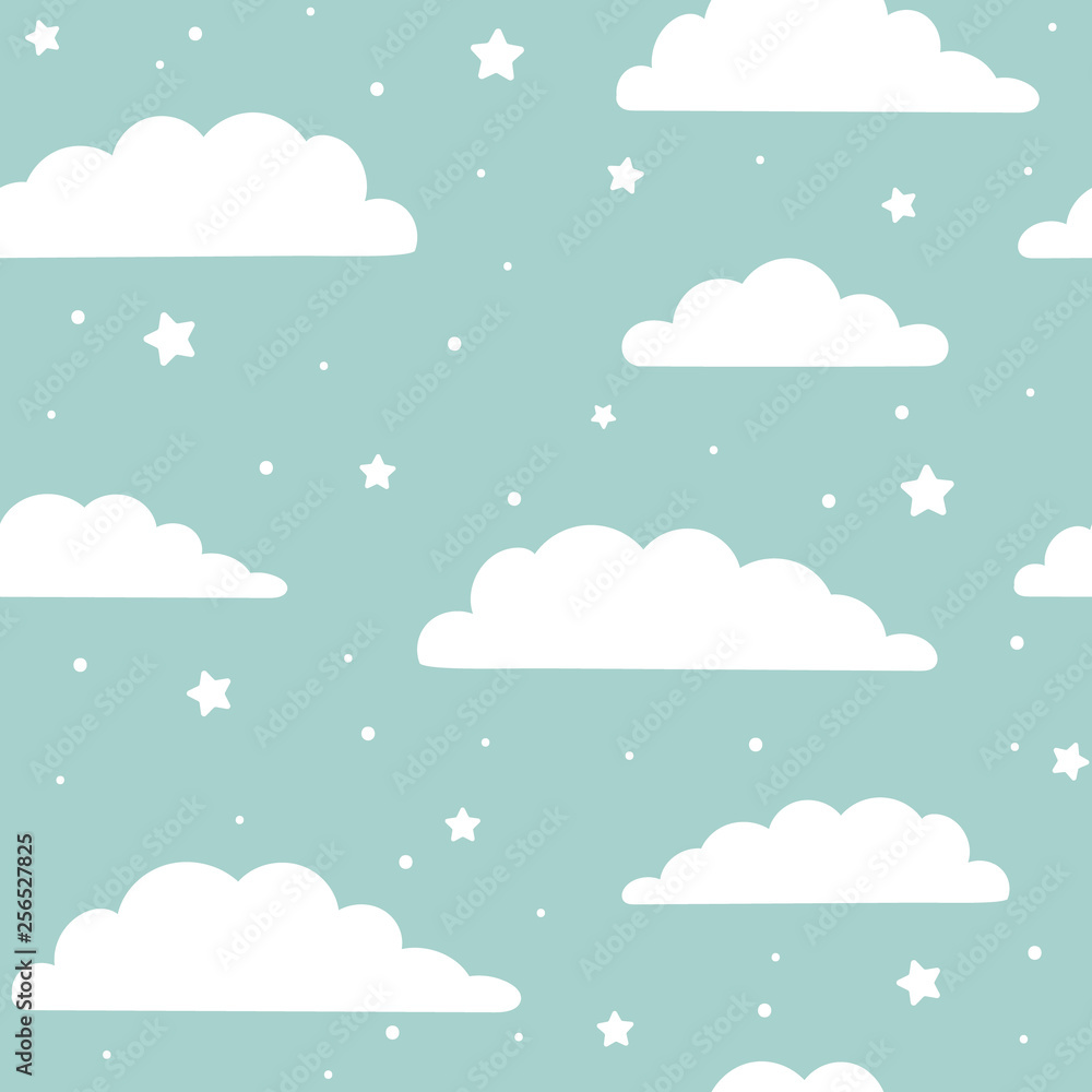 Cute seamless pattern. Clouds and stars on blue background Cute seamless pattern. Clouds and stars on blue background