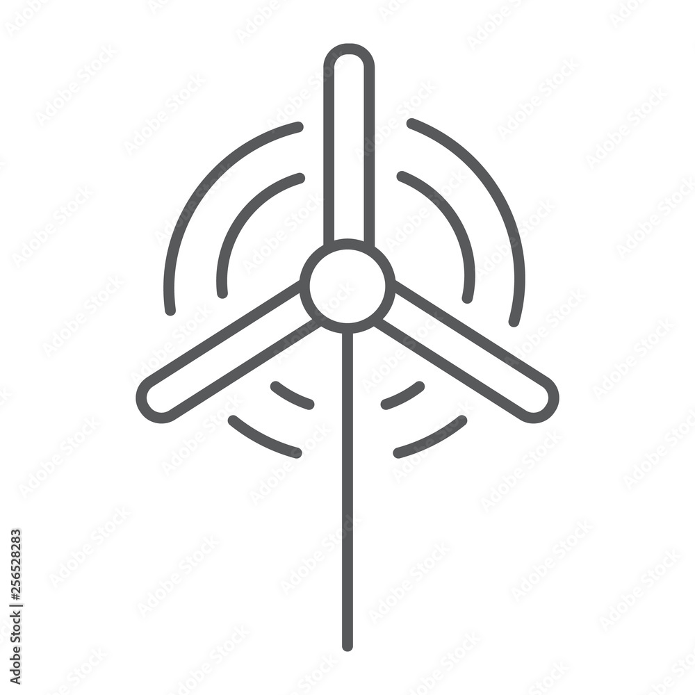 Wind generator thin line icon, ecology and energy, wind turbine sign, vector graphics, a linear pattern on a white background. Wind generator thin line icon, ecology and energy, wind turbine sign, vector graphics, a linear pattern on a white background.