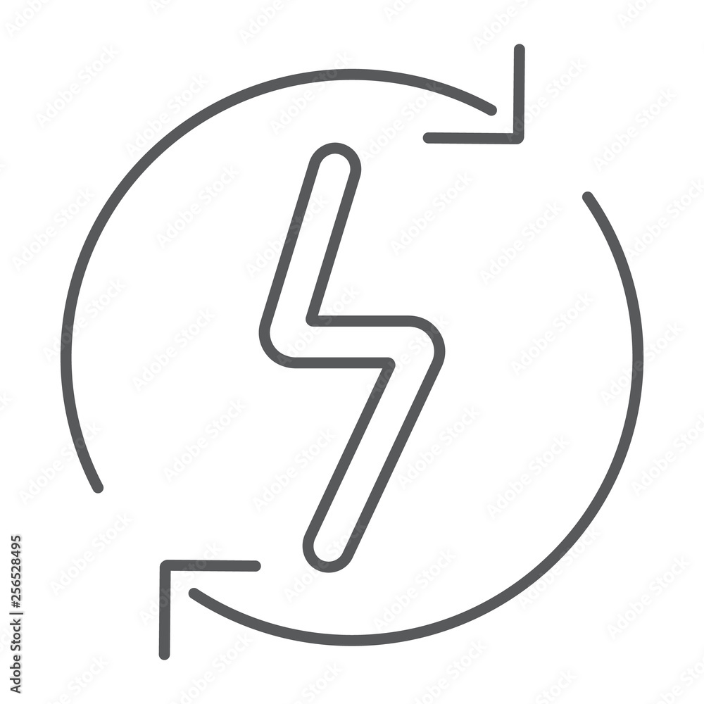 Renewable energy thin line icon, eco and power, bolt sign, vector graphics, a linear pattern on a white background. Renewable energy thin line icon, eco and power, bolt sign, vector graphics, a linear pattern on a white background.