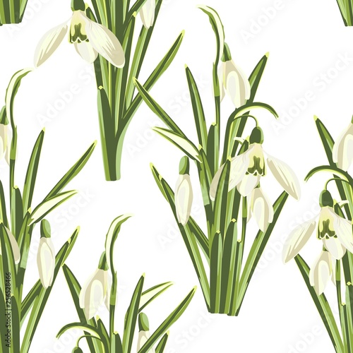 Seamless pattern with bouquet of  white snowdrop flowers on a white background.  Floral pattern for wallpaper or fabric.