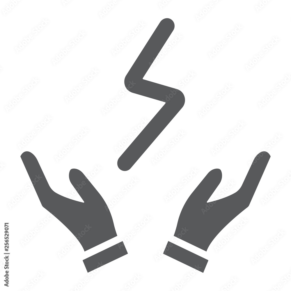 Bolt in hands glyph icon, electric and power, lightning sign, vector graphics, a solid pattern on a white background. Bolt in hands glyph icon, electric and power, lightning sign, vector graphics, a solid pattern on a white background.