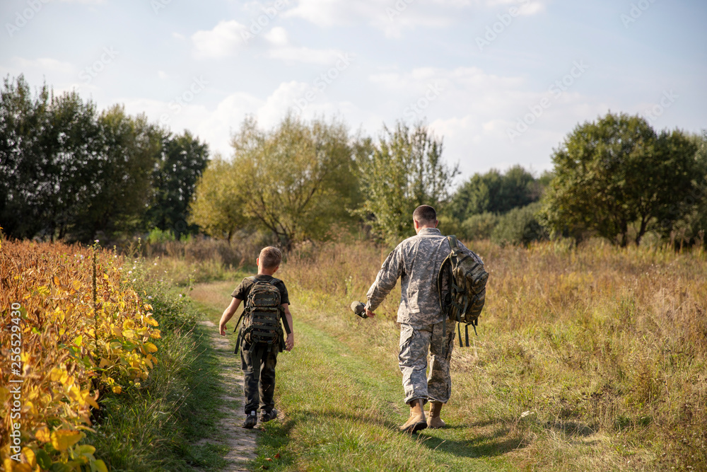 Son meets father of soldier. Meeting a soldier. Military service.