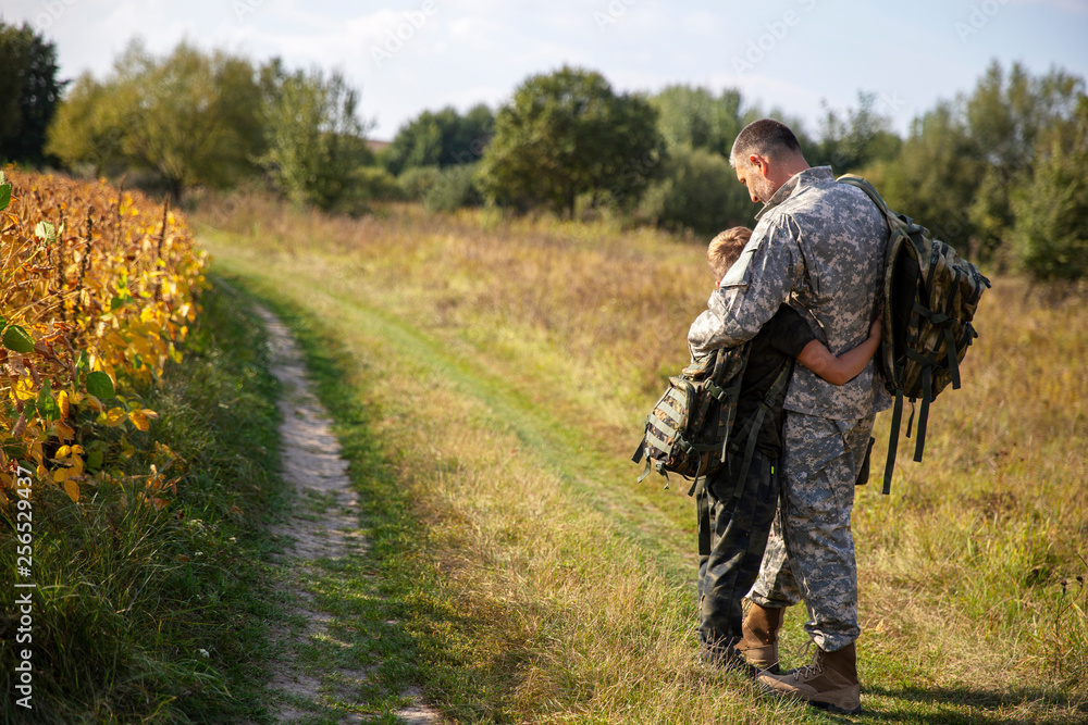 Son meets father of soldier. Meeting a soldier. Military service.