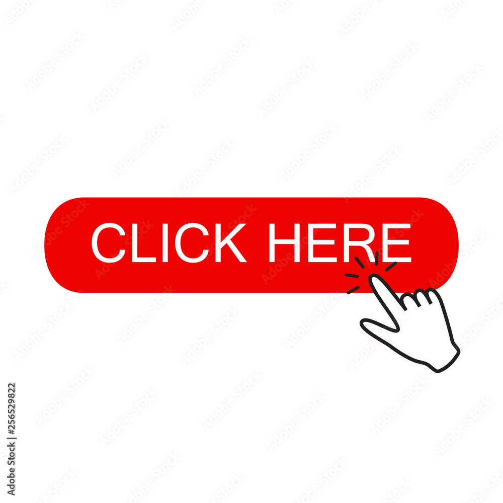 Click here button with hand pointer clicking. Click here button with hand pointer clicking.