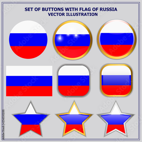 Happy Russia day buttons. Bright background with buttons with flag of Russia. Colorful buttons with russian flag. Vector illustration.