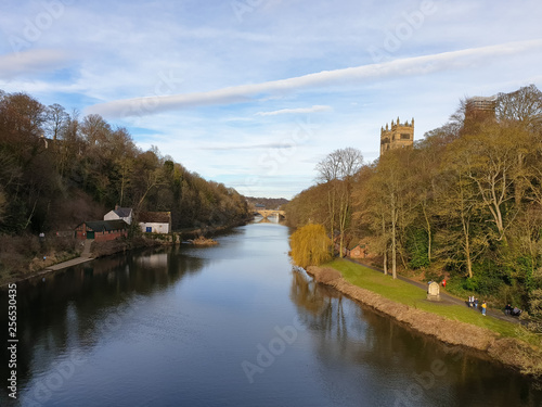 Durham Castle , Cathedral  and Framwellgate Bridge over River Wear, UK photo