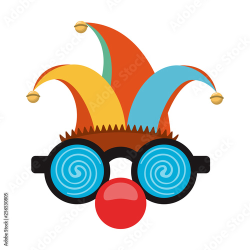 Glasses and clown nose with jester hat cartoon