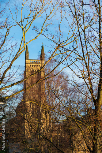 Durham Cathedral behind tree-branches beautifully bathed in afternoon light photo