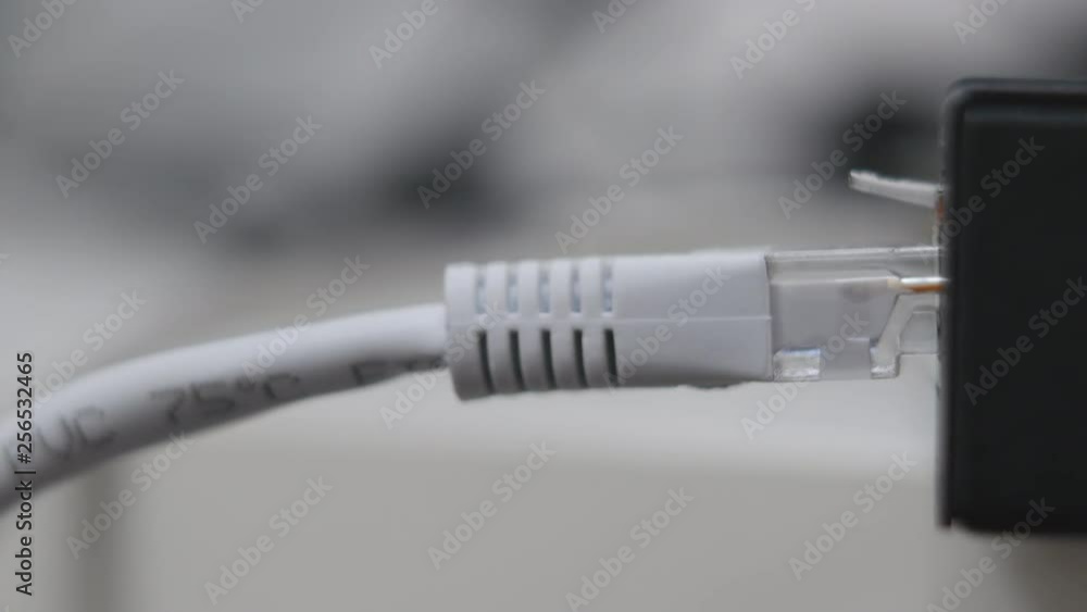 Male Hand Inserts White Data Cable Into The Gigabit Network Switch. Male Hand Inserts White Data Cable Into The Gigabit Network Switch.