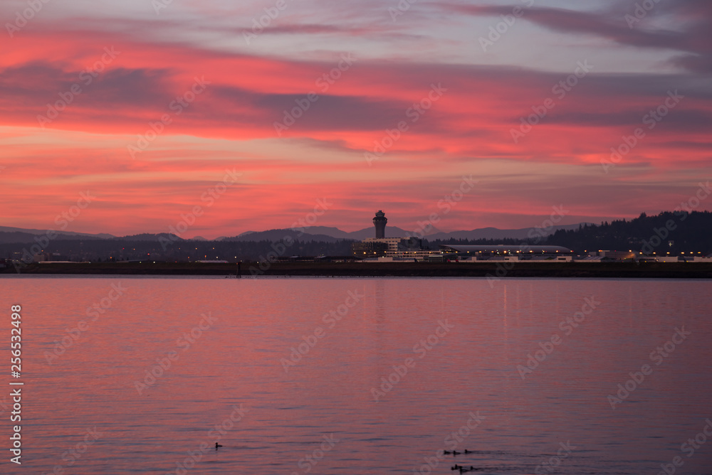 sunrise sky over Portland International Airport and Columbia River