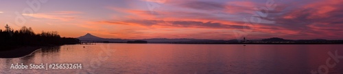 Panoramic sunrise over Columbia River  Mt Hood  and Portland Oregon
