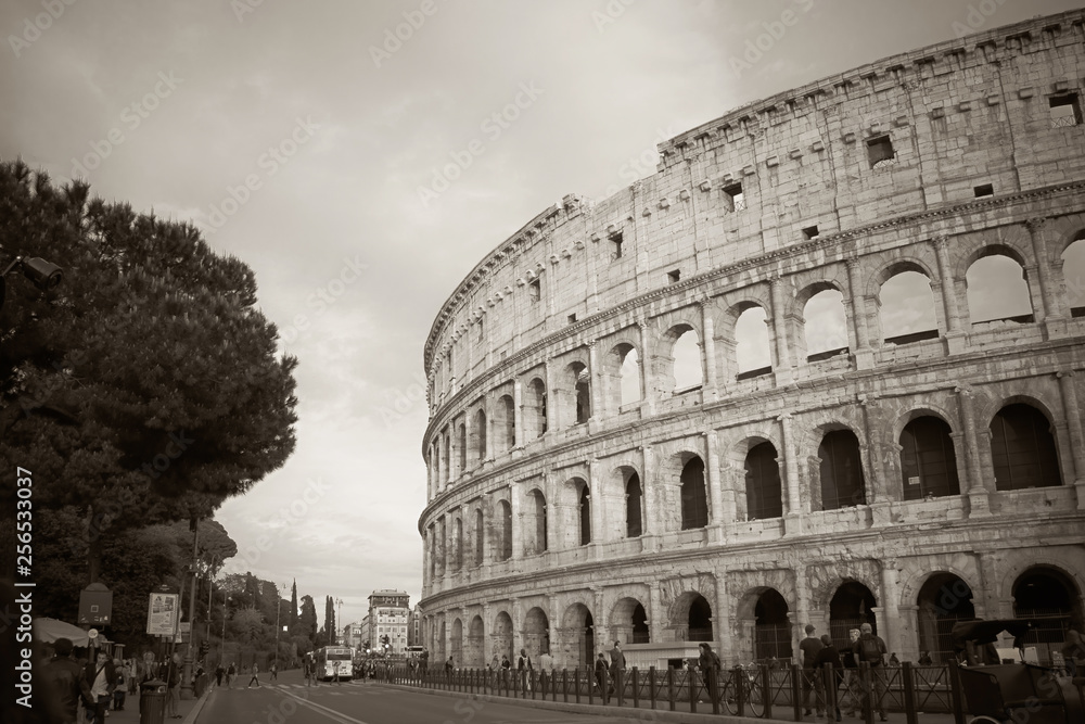 A snapshot of the Colosseum in black and white.