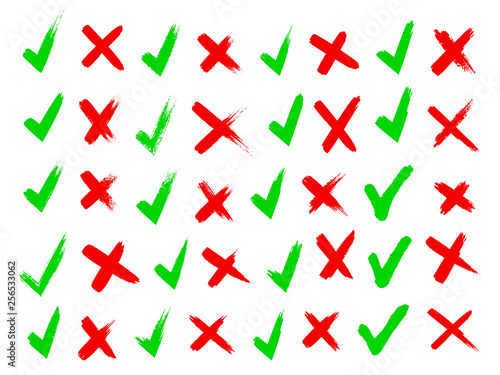 Cross and hook collection, icons set, green and red isolated on white background, vector illustration.