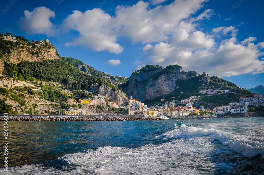 Panorama of the town of Amalfi from the sea