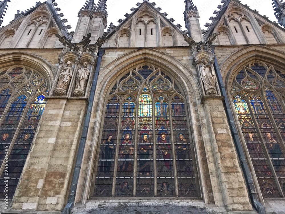The stained glass windows of the Church of Our Blessed Lady of the Sablon, a Roman Catholic church from the 15th century located in the Sablon/Zavel district in the historic centre of Brussels.