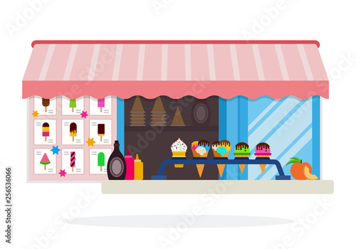Ice cream shop window with a menu vector icon flat isolated illustration