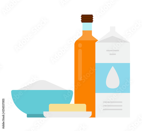 A package of milk, a plate of croup, butter, a bottle of sunflower oil flat isolated