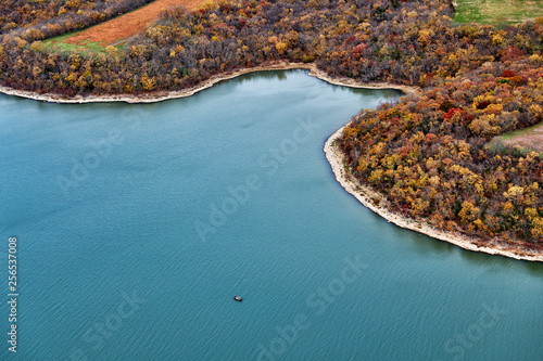 aeriel view of a lake in autumn