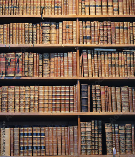 old books on wooden shelf;