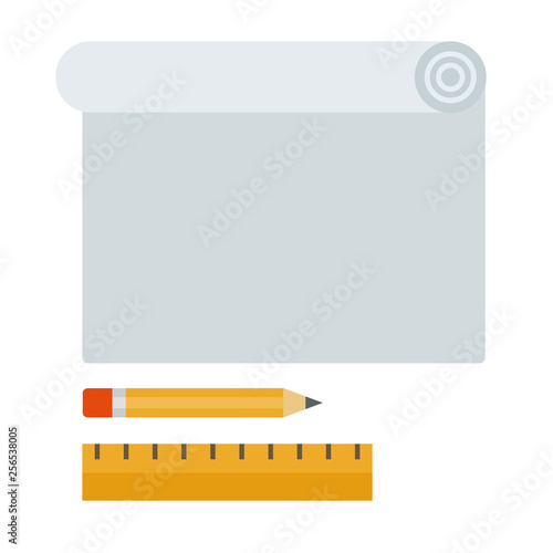 Paper roll with a pencil and ruler vector icon flat isolated
