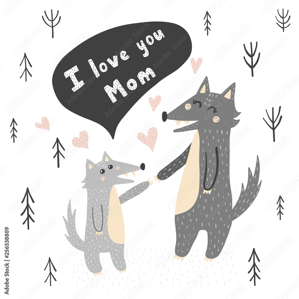 Naklejka premium I Love You Mom vector illustration with cute wolves - mother and baby. Hand drawn print for cards, t-shirts, posters