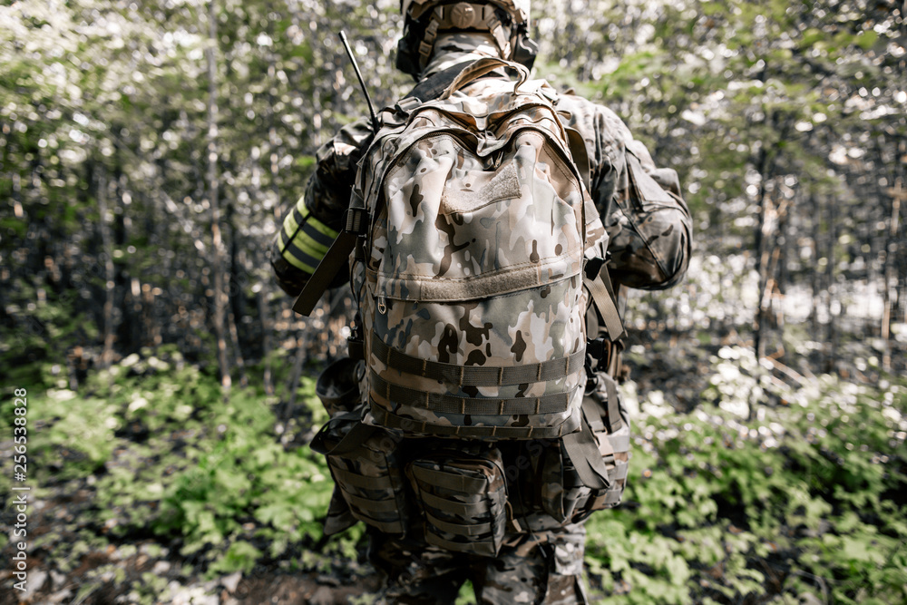Military man in camouflage walking through the woods rear view Military man in camouflage walking through the woods rear view