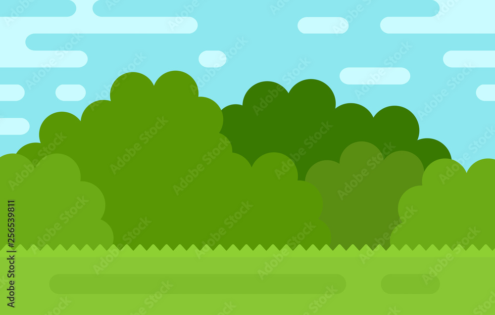 Summer landscape of bushes, grass and sky vector flat isolated