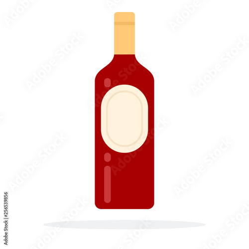 Closed bottle of red wine with emblem flat isolated