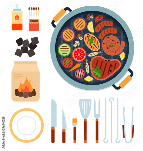 A set of products on the grill. Barbecue utensil with plate, charcoal, matches and coaling fluid flat isolated