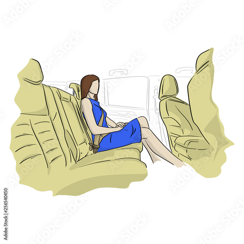 businesswoman sitting in a car vector illustration with black lines isolated on white background.
