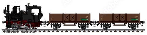 The vectorized hand drawing of a vintage small steam freight train
