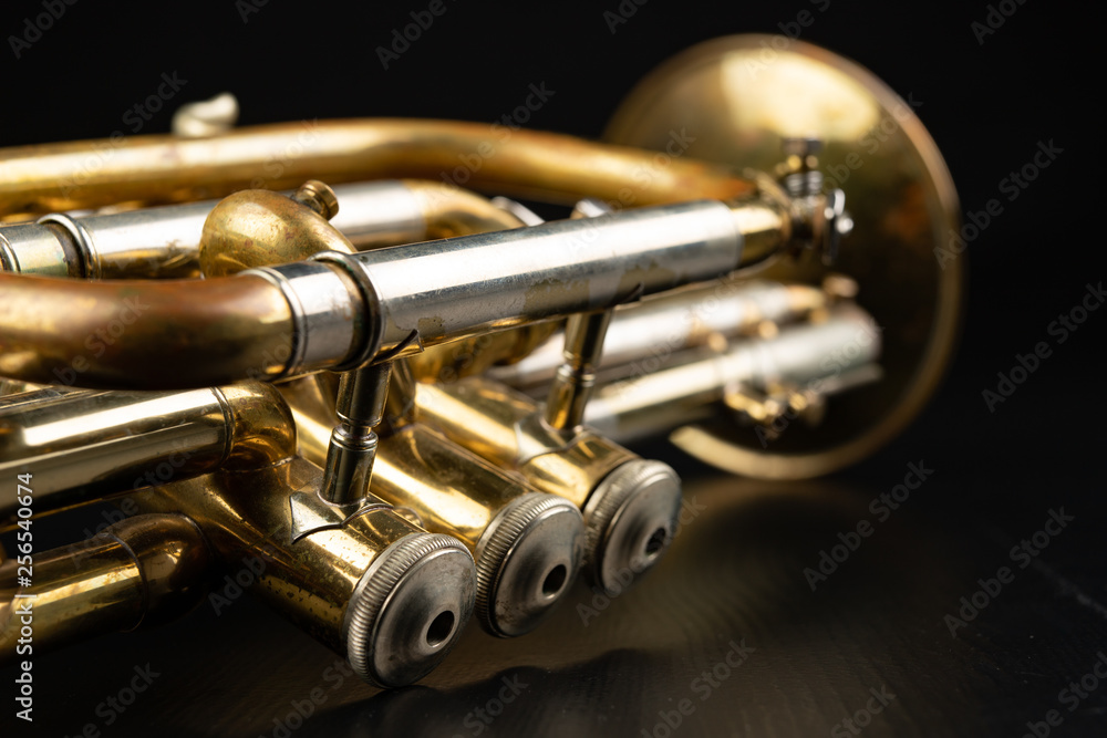 Naklejka premium Old coated patina trumpet on a dark table. An inedible musical instrument.
