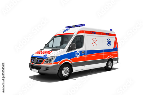 Ambulanz oder Krankenwagen von Rettungsdienst für Notfall und Notfallrettung eines Verletzten zum Krankenhaus photo